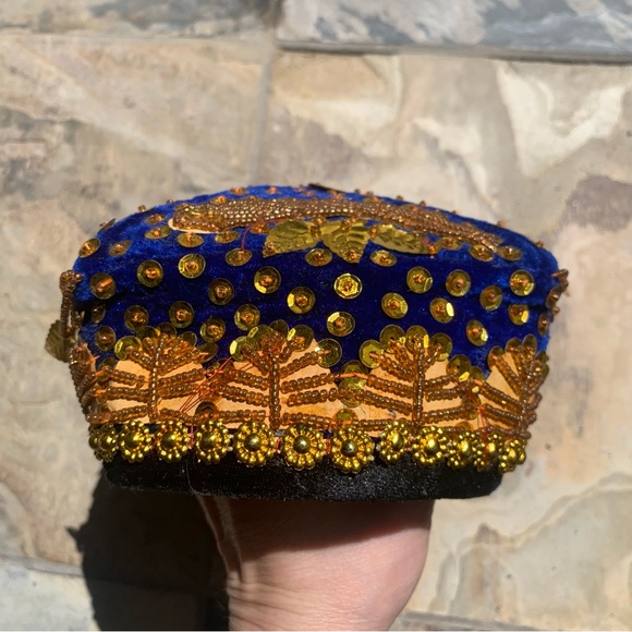 Vintage handmade blue velvet gold leaf sequin beaded traditional square cap hat main image 8